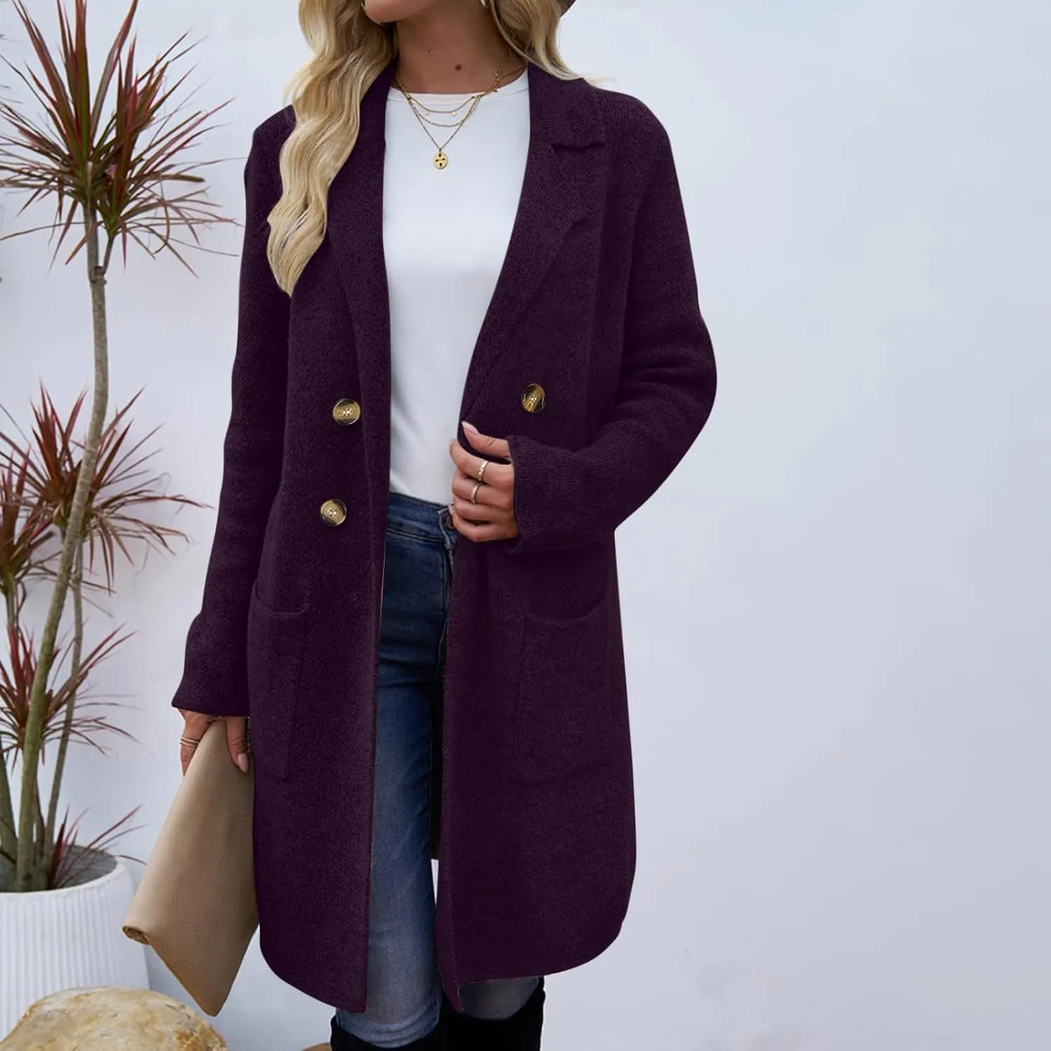 Wool Coats for Women Long Sleeve Oversized Winter Jackets Notch Double-Breasted Lapel Peacoats with Pockets