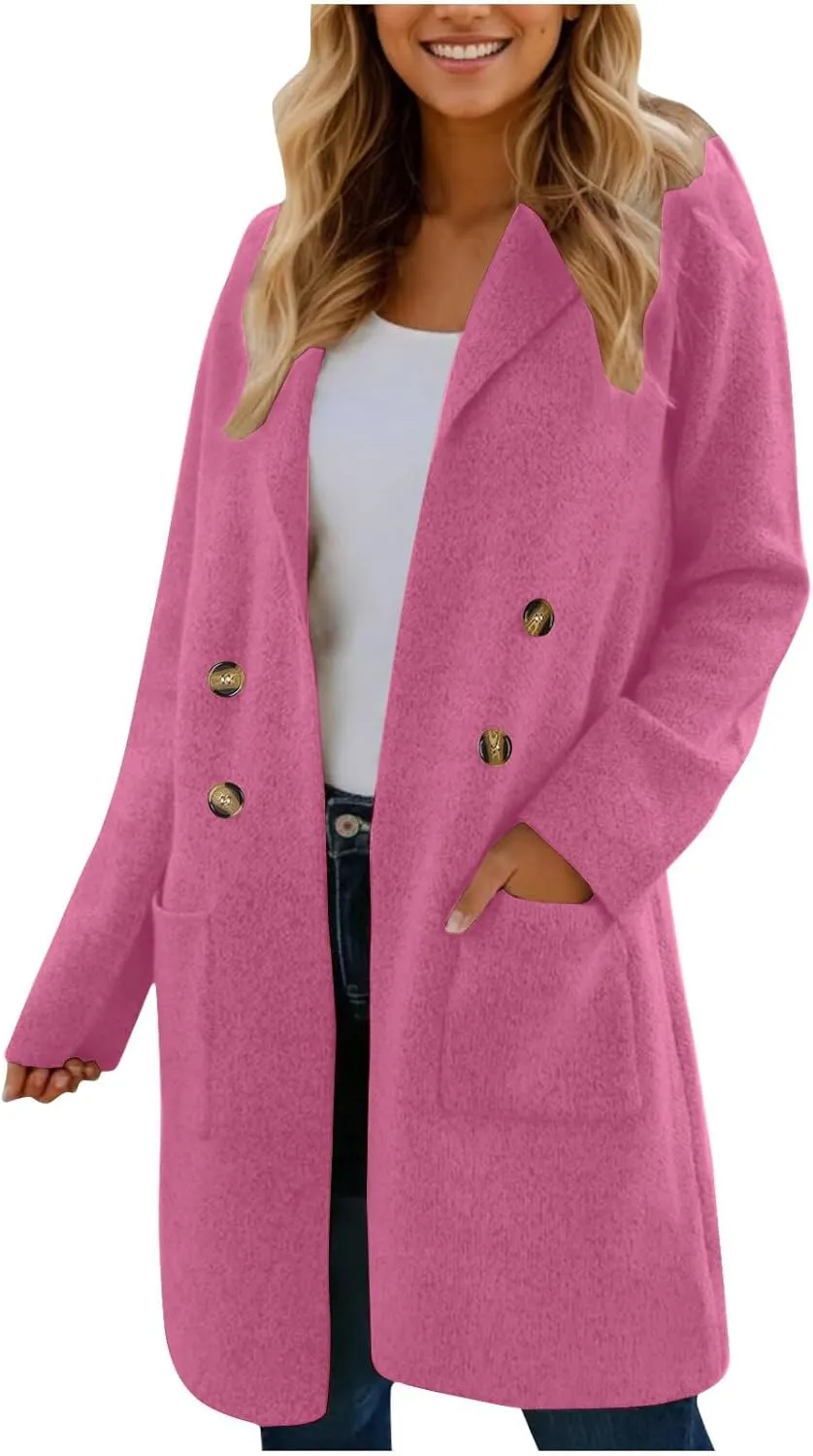 Wool Coats for Women Long Sleeve Oversized Winter Jackets Notch Double-Breasted Lapel Peacoats with Pockets
