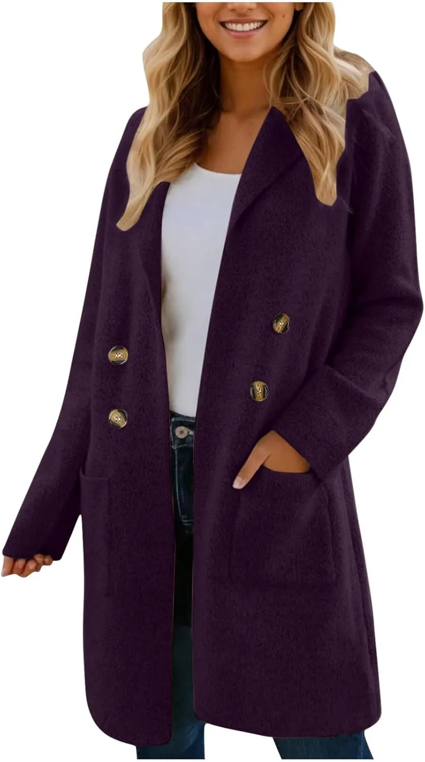 Wool Coats for Women Long Sleeve Oversized Winter Jackets Notch Double-Breasted Lapel Peacoats with Pockets