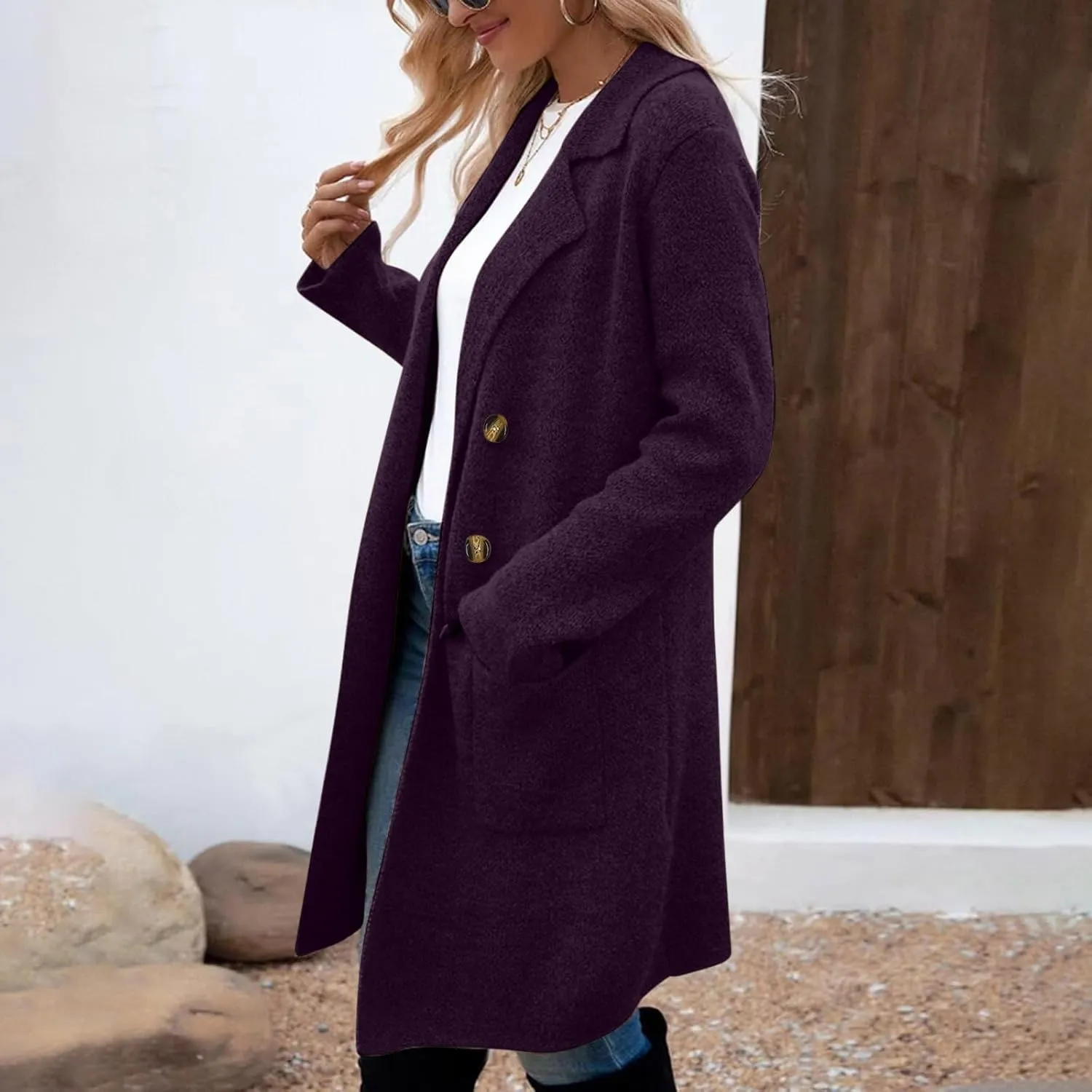 Wool Coats for Women Long Sleeve Oversized Winter Jackets Notch Double-Breasted Lapel Peacoats with Pockets