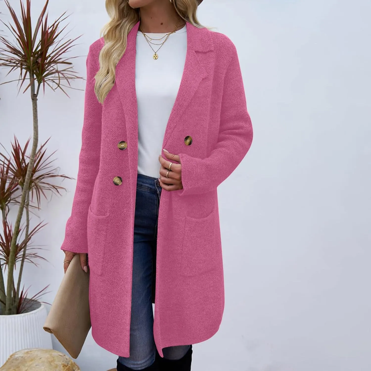 Wool Coats for Women Long Sleeve Oversized Winter Jackets Notch Double-Breasted Lapel Peacoats with Pockets